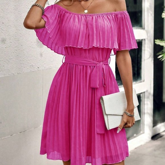 Hot Pink Casual Womens Off Shoulder Pleated Belted Dress - Picture 4 of 5